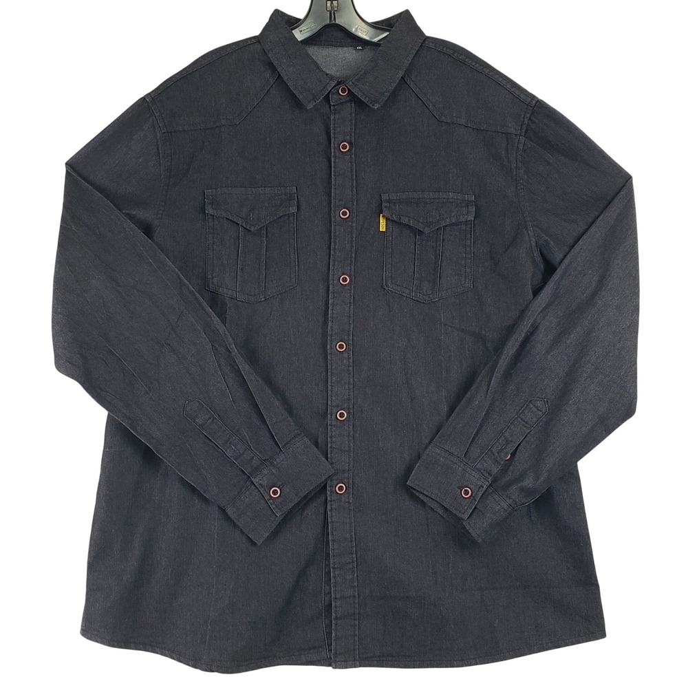 HIOPESON Western Denim Pearl Snap Shirt Mens XXL Black Stretch Cowboy Rodeo